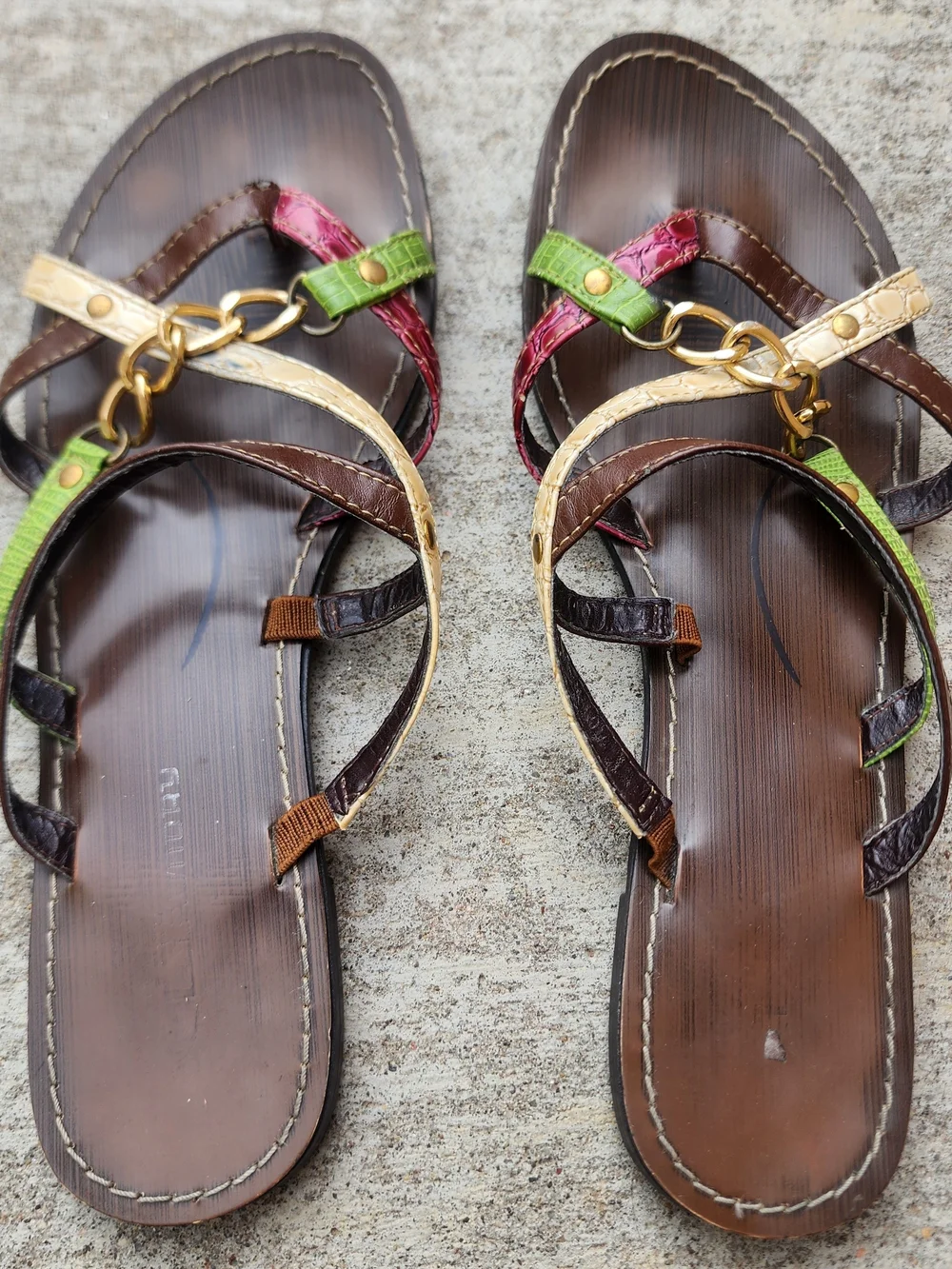 Y2K Brown Sandals with Green, Pink, Beige Straps and gold chain detail, Fits Sz